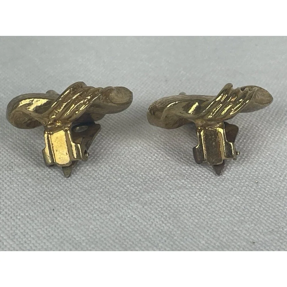 Vintage Gold Tone Twisted Knot Chunky Clip Earrings Textured Ribbed 80s 90s - Picture 3 of 6